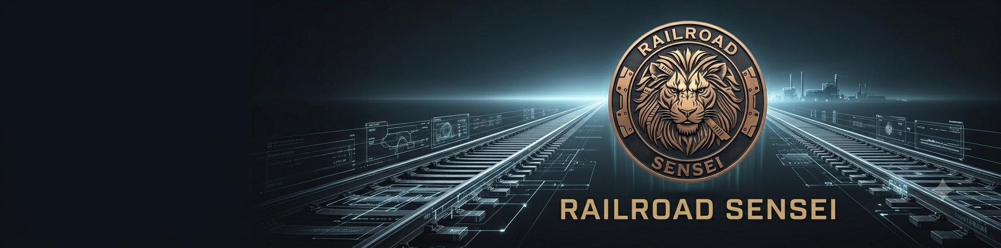 Railroad Sensei lion emblem over a digitally instrumented freight rail corridor